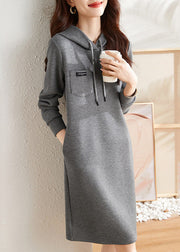 Casual Grey Hooded Lace Up Patchwork Cotton Dress Fall