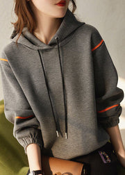 Casual Grey Hooded Lace Up Patchwork Cotton Sweatshirts Long Sleeve