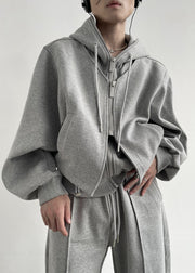 Casual Grey Hooded Patchwork Zippered Cotton Fake Two Piece Coats Spring