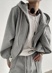 Casual Grey Hooded Patchwork Zippered Cotton Fake Two Piece Coats Spring