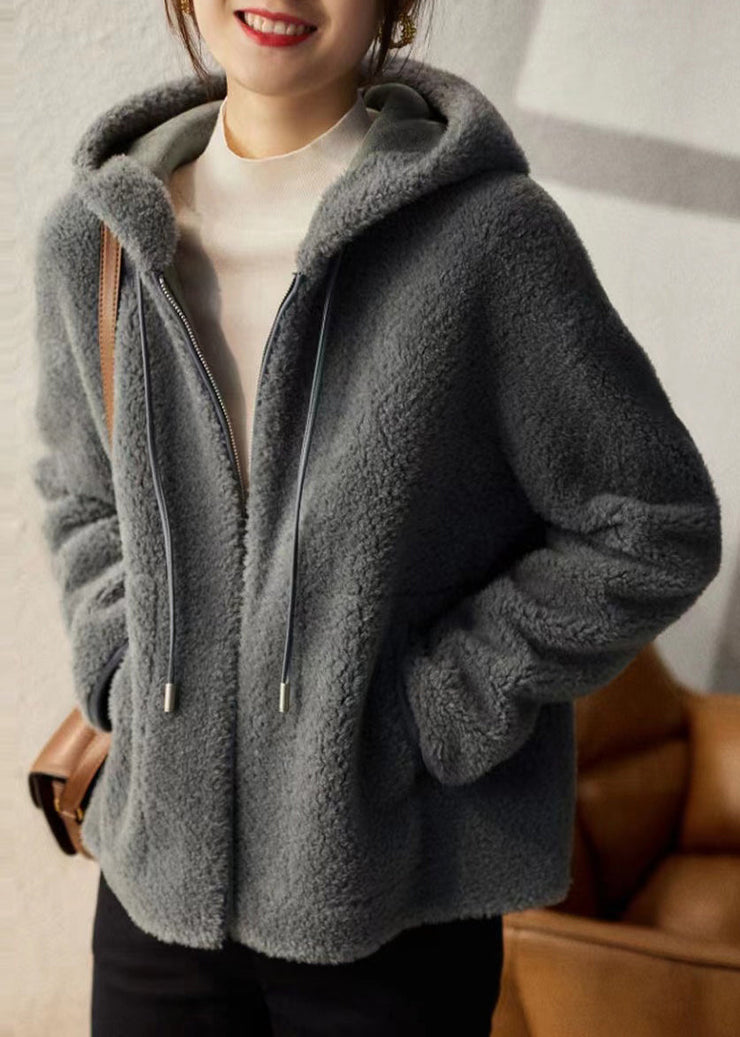 Casual Grey Hooded Pockets Patchwork Woolen Coats Winter