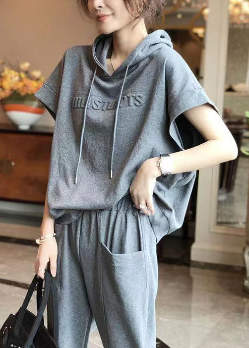 Casual Grey Hooded Sport Suit Cotton Two Pieces Set Summer