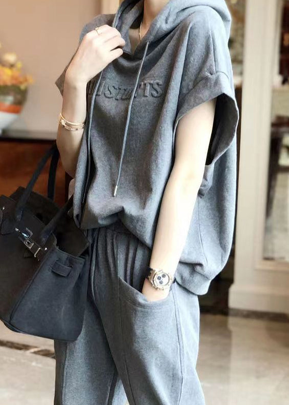 Casual Grey Hooded Sport Suit Cotton Two Pieces Set Summer