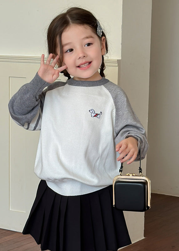 Casual Grey O-Neck Cotton Knit Girls Sweaters Spring