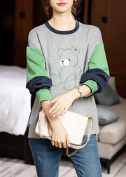 Casual Grey O-Neck Embroidered Patchwork Cotton Sweatshirt Long Sleeve