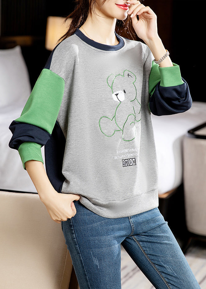 Casual Grey O-Neck Embroidered Patchwork Cotton Sweatshirt Long Sleeve