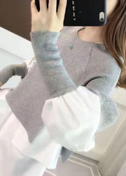 Casual Grey O Neck False Two Pieces Patchwork Knit Sweater Top Fall