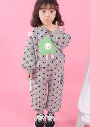 Casual Grey O Neck Heart Print Cotton Baby Girls Two Pieces Set Fall