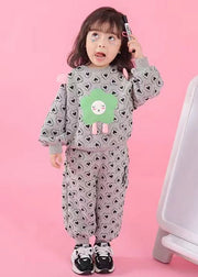 Casual Grey O Neck Heart Print Cotton Baby Girls Two Pieces Set Fall