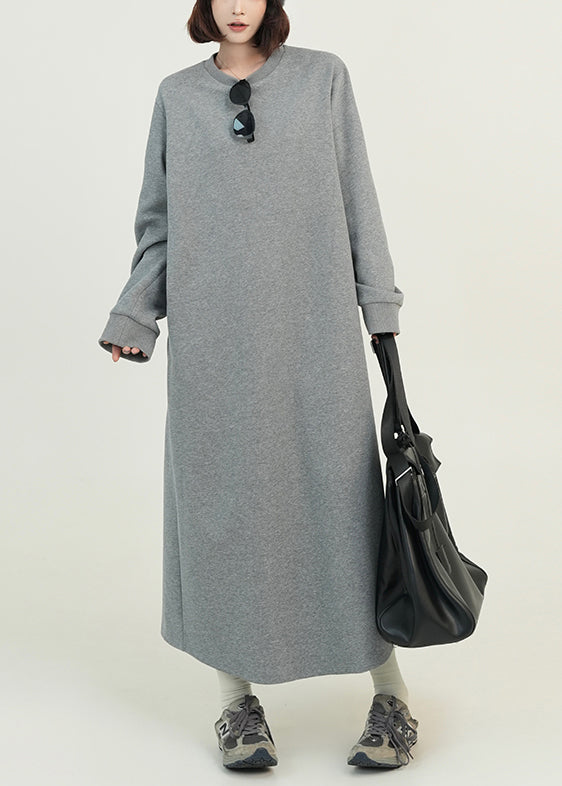 Casual Grey O Neck Loose Cotton Straight Dresses Fall