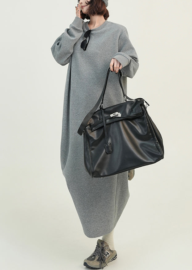 Casual Grey O Neck Loose Cotton Straight Dresses Fall