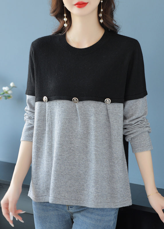 Casual Grey O Neck Patchwork Knit Sweater Spring