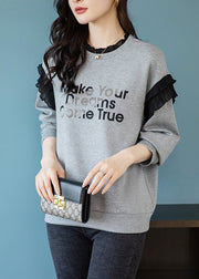 Casual Grey O-Neck Ruffled Graphic Patchwork Zircon Sweatshirts Fall