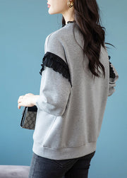 Casual Grey O-Neck Ruffled Graphic Patchwork Zircon Sweatshirts Fall