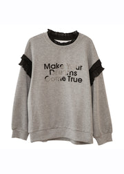 Casual Grey O-Neck Ruffled Graphic Patchwork Zircon Sweatshirts Fall