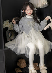 Casual Grey O-Neck Sequins Tulle Kids Maxi Fleece Sweatshir Dresses Spring