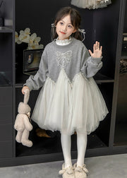 Casual Grey O-Neck Sequins Tulle Kids Maxi Fleece Sweatshir Dresses Spring