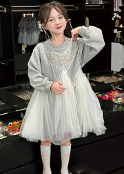 Casual Grey O-Neck Sequins Tulle Kids Maxi Fleece Sweatshir Dresses Spring