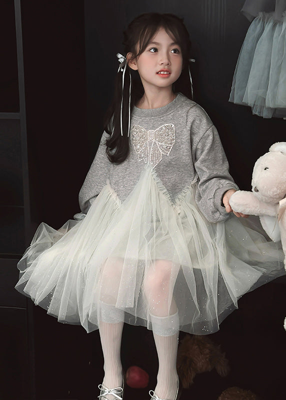 Casual Grey O-Neck Sequins Tulle Kids Maxi Fleece Sweatshir Dresses Spring