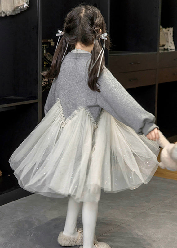 Casual Grey O-Neck Sequins Tulle Kids Maxi Fleece Sweatshir Dresses Spring