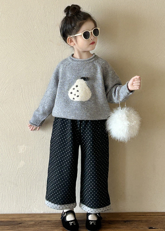 Casual Grey O-Neck Thick Girls Knitted Cotton Sweaters And Pants Two Pieces Set Spring