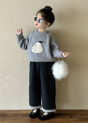 Casual Grey O-Neck Thick Girls Knitted Cotton Sweaters And Pants Two Pieces Set Spring