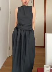 Casual Grey O-Neck Top And Maxi Skirts Two Pieces Set Summer