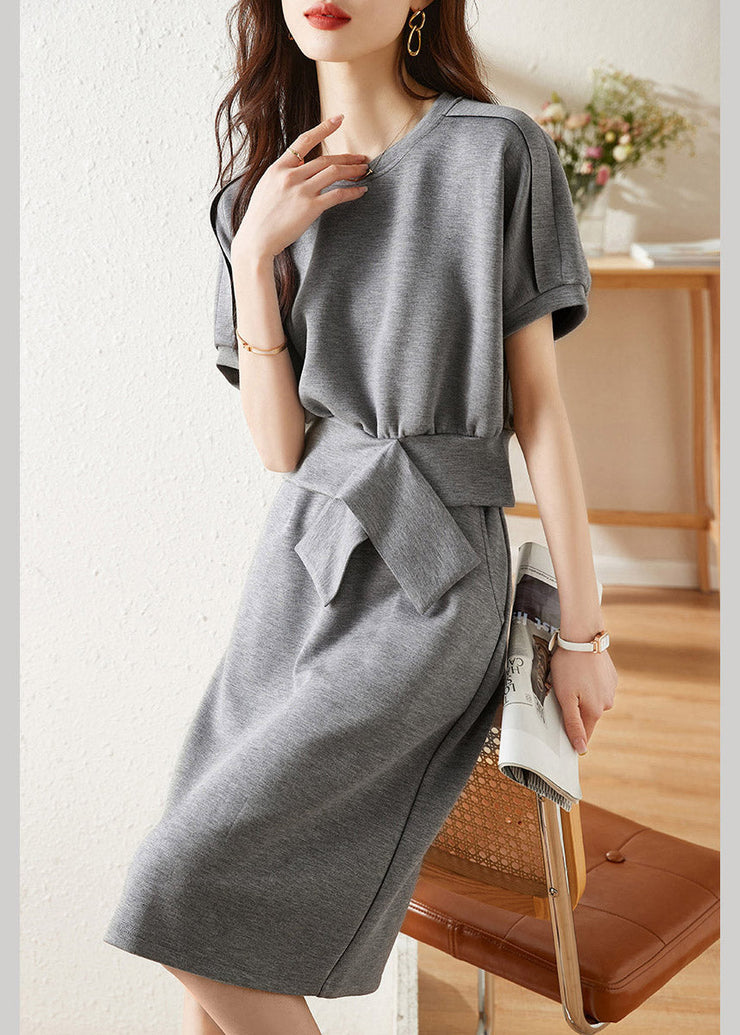 Casual Grey O-Neck Top And Skirts Two Piece Set Short Sleeve