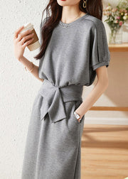 Casual Grey O-Neck Top And Skirts Two Piece Set Short Sleeve