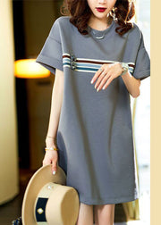 Casual Grey O Neck Zircon Patchwork Cotton T Shirt Dresses Summer