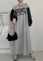 Casual Grey Oversized Patchwork Cotton Sweatshirt Dress Lantern Sleeve