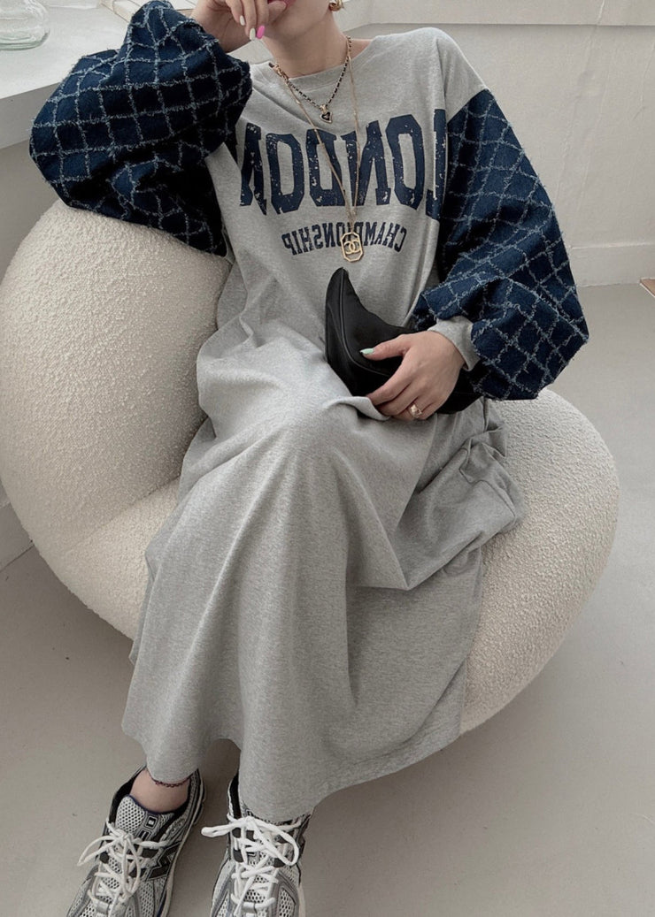 Casual Grey Oversized Patchwork Cotton Sweatshirt Dress Lantern Sleeve