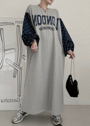 Casual Grey Oversized Patchwork Cotton Sweatshirt Dress Lantern Sleeve