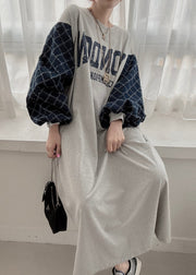 Casual Grey Oversized Patchwork Cotton Sweatshirt Dress Lantern Sleeve