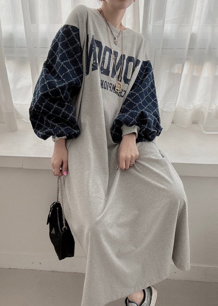 Casual Grey Oversized Patchwork Cotton Sweatshirt Dress Lantern Sleeve