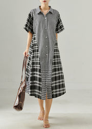 Casual Grey Oversized Patchwork Plaid Linen Robe Dresses Summer