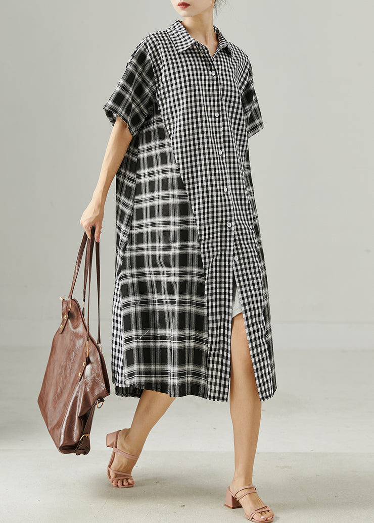 Casual Grey Oversized Patchwork Plaid Linen Robe Dresses Summer