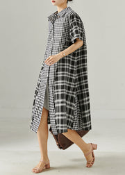 Casual Grey Oversized Patchwork Plaid Linen Robe Dresses Summer