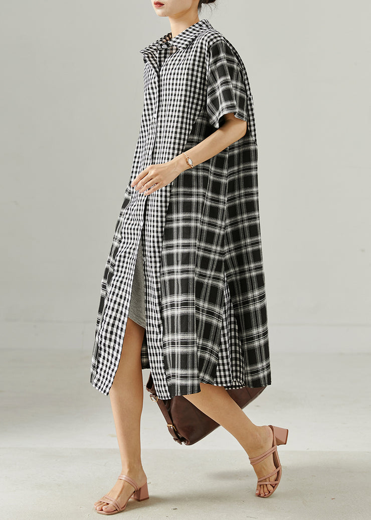 Casual Grey Oversized Patchwork Plaid Linen Robe Dresses Summer