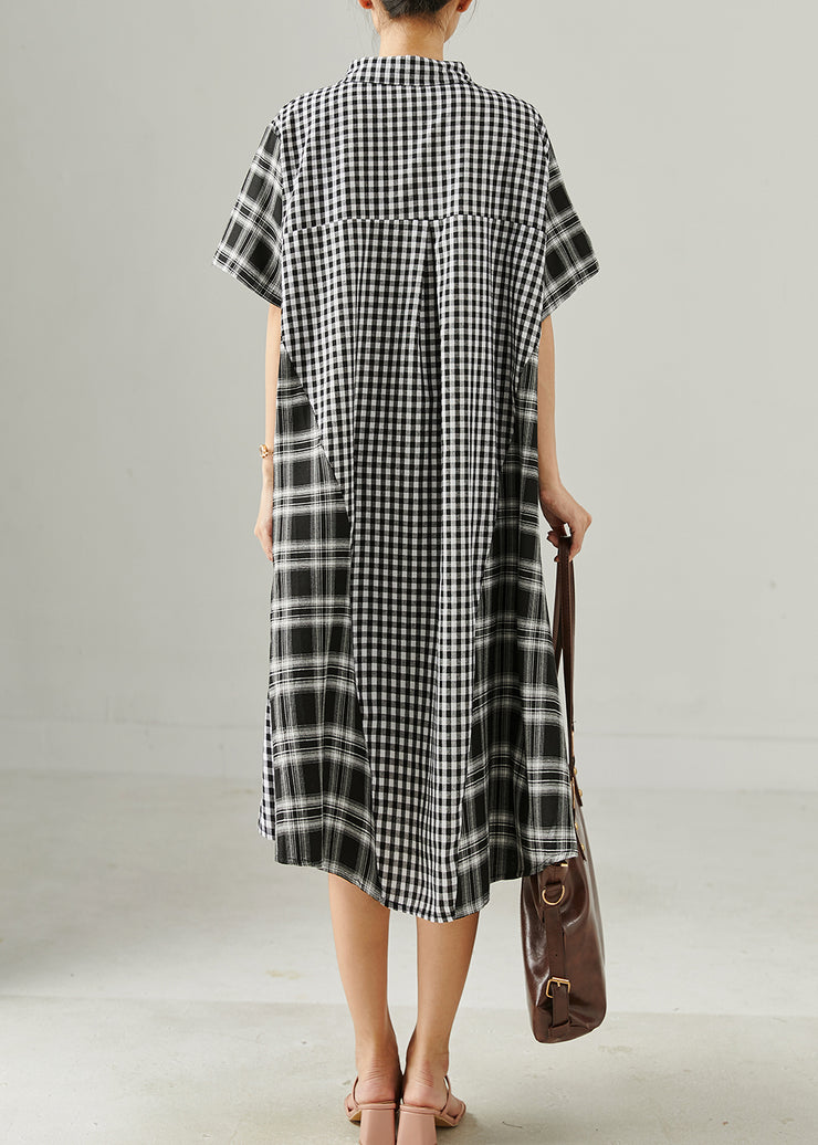 Casual Grey Oversized Patchwork Plaid Linen Robe Dresses Summer