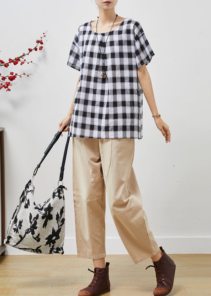 Casual Grey Oversized Plaid Linen Two Piece Set Women Clothing Summer