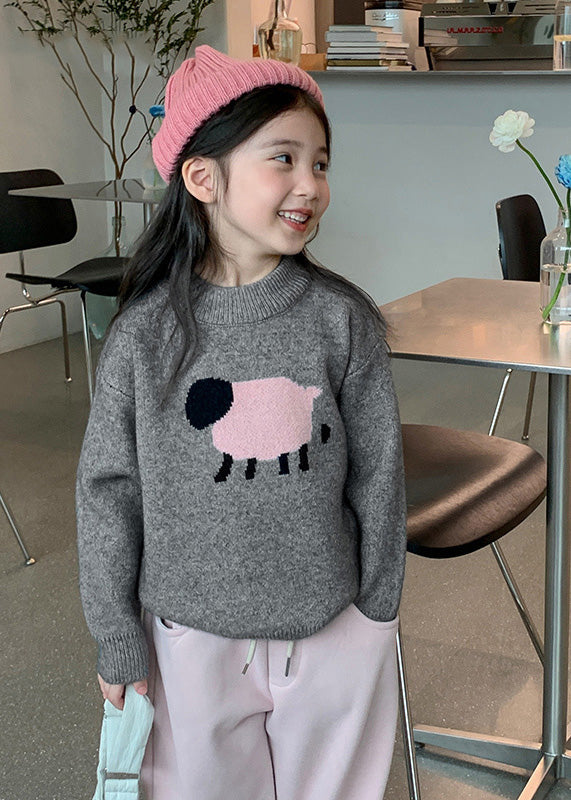 Casual Grey Patchwork Cotton Knit Girls Sweater Spring