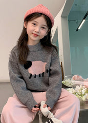 Casual Grey Patchwork Cotton Knit Girls Sweater Spring