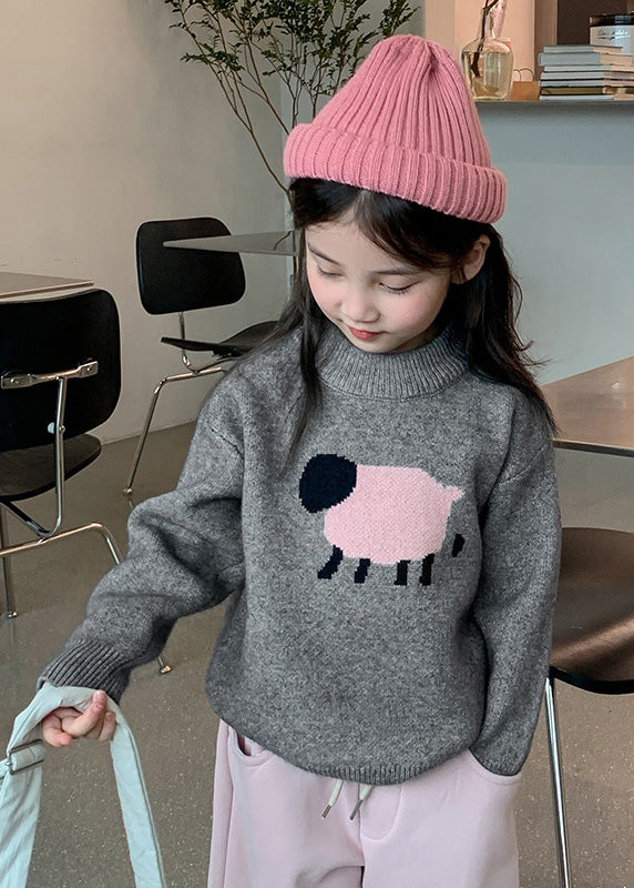 Casual Grey Patchwork Cotton Knit Girls Sweater Spring