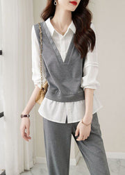 Casual Grey Peter Pan Collar Tops And Pants Cotton Two-Piece Set Fall