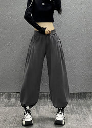 Casual Grey Pockets Elastic Waist Cotton Beam Pants Fall