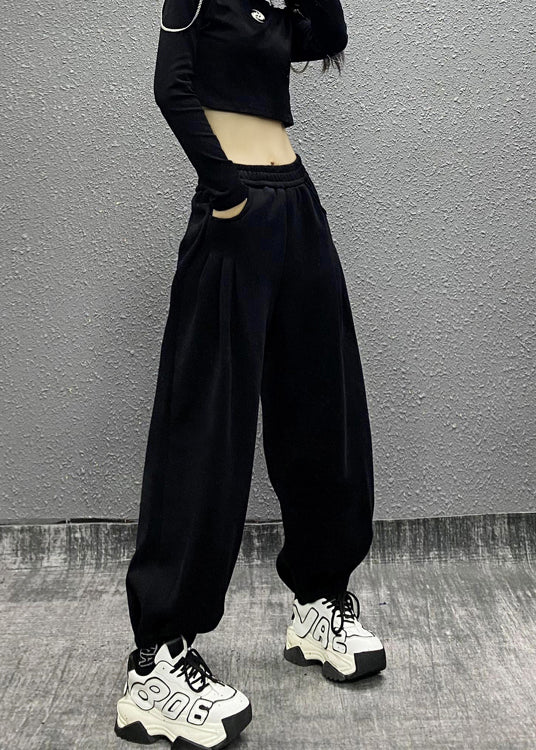 Casual Grey Pockets Elastic Waist Cotton Beam Pants Fall