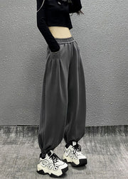 Casual Grey Pockets Elastic Waist Cotton Beam Pants Spring