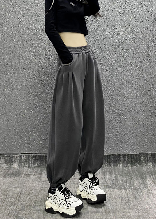 Casual Grey Pockets Elastic Waist Cotton Beam Pants Spring