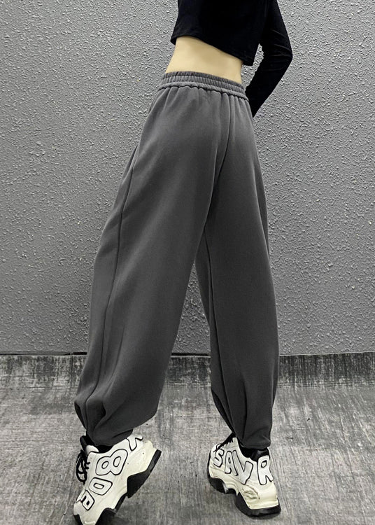 Casual Grey Pockets Elastic Waist Cotton Beam Pants Fall